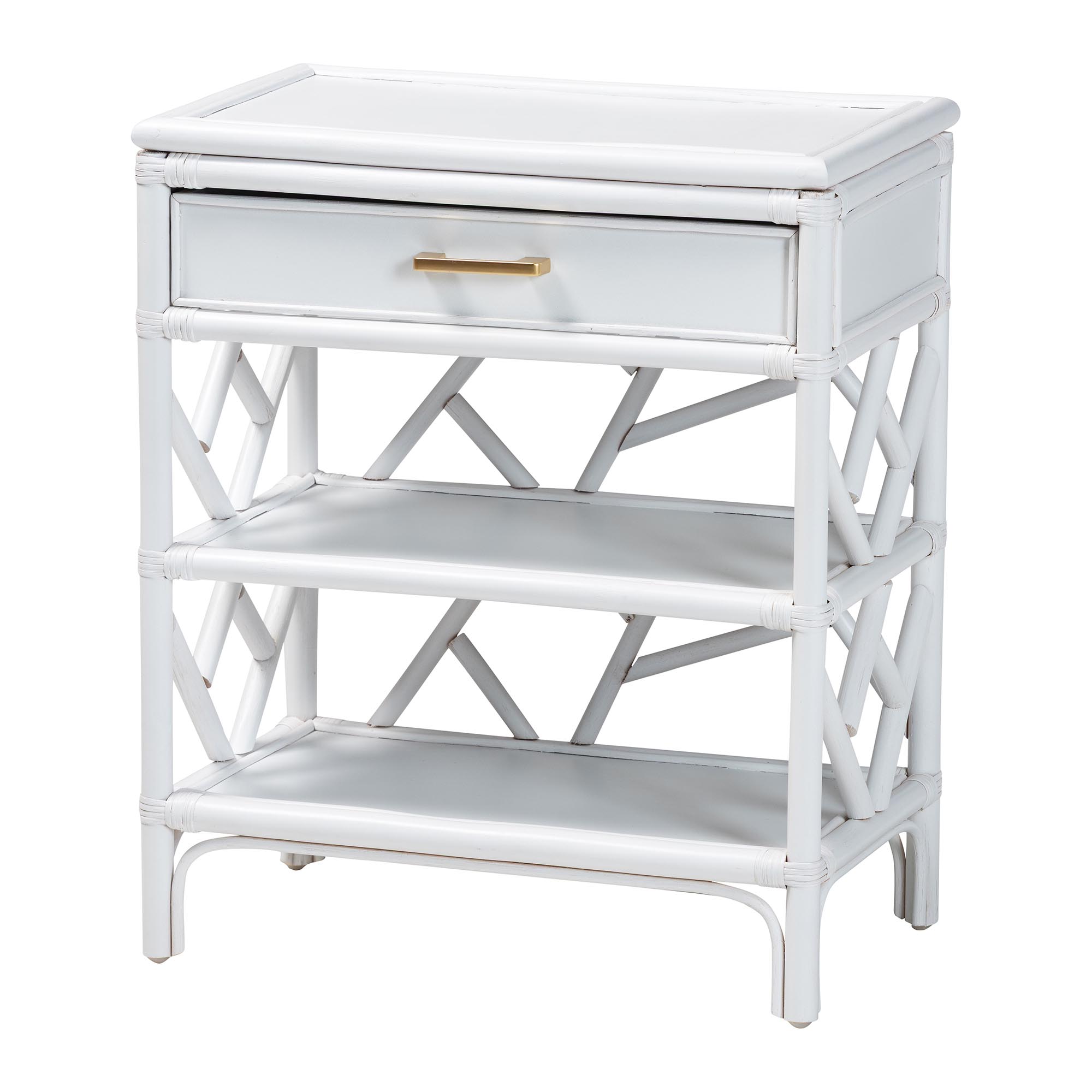bali & pari Daina Natural Rattan Nightstand with Drawer and Open Shelves - Coastal Bedside Table with Geometric Design, White Affordable modern furniture in Chicago, classic bedroom furniture, modern nightstand, cheap nightstand